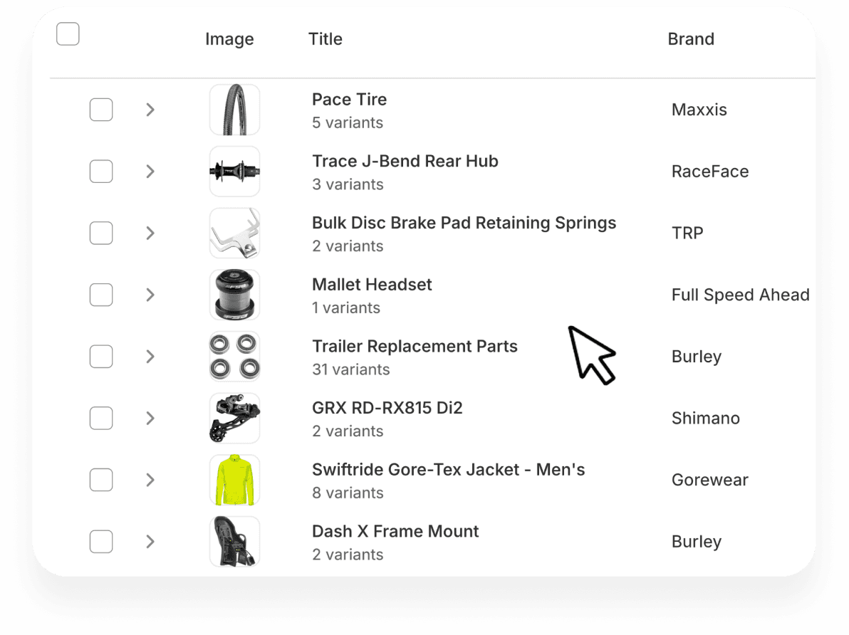 Automated product catalog table with bike components